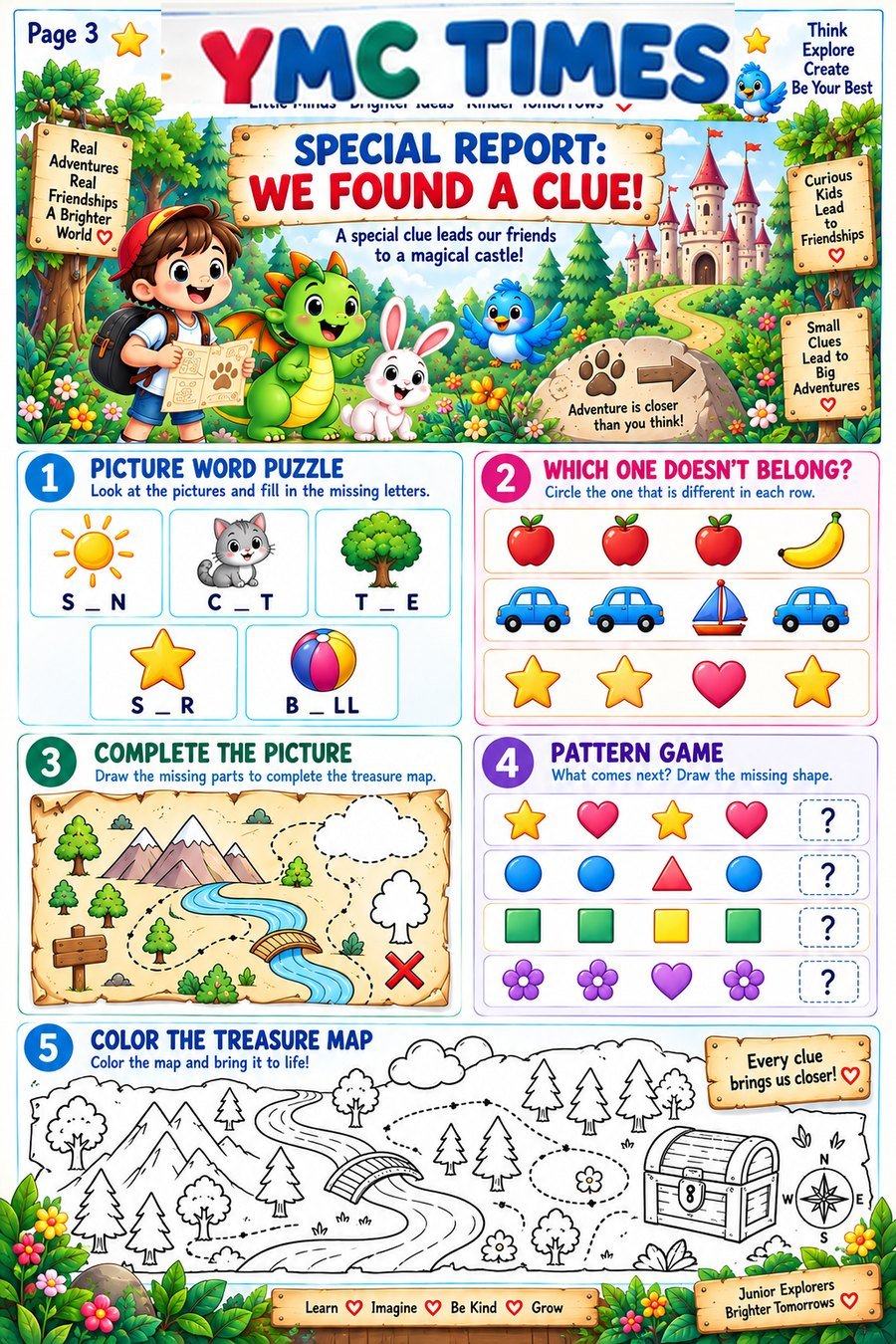 Special report page: picture words, patterns and a colouring map