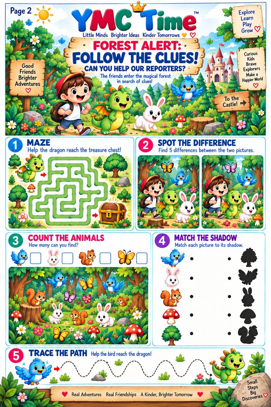 Forest alert page: maze, spot the difference and shadow matching